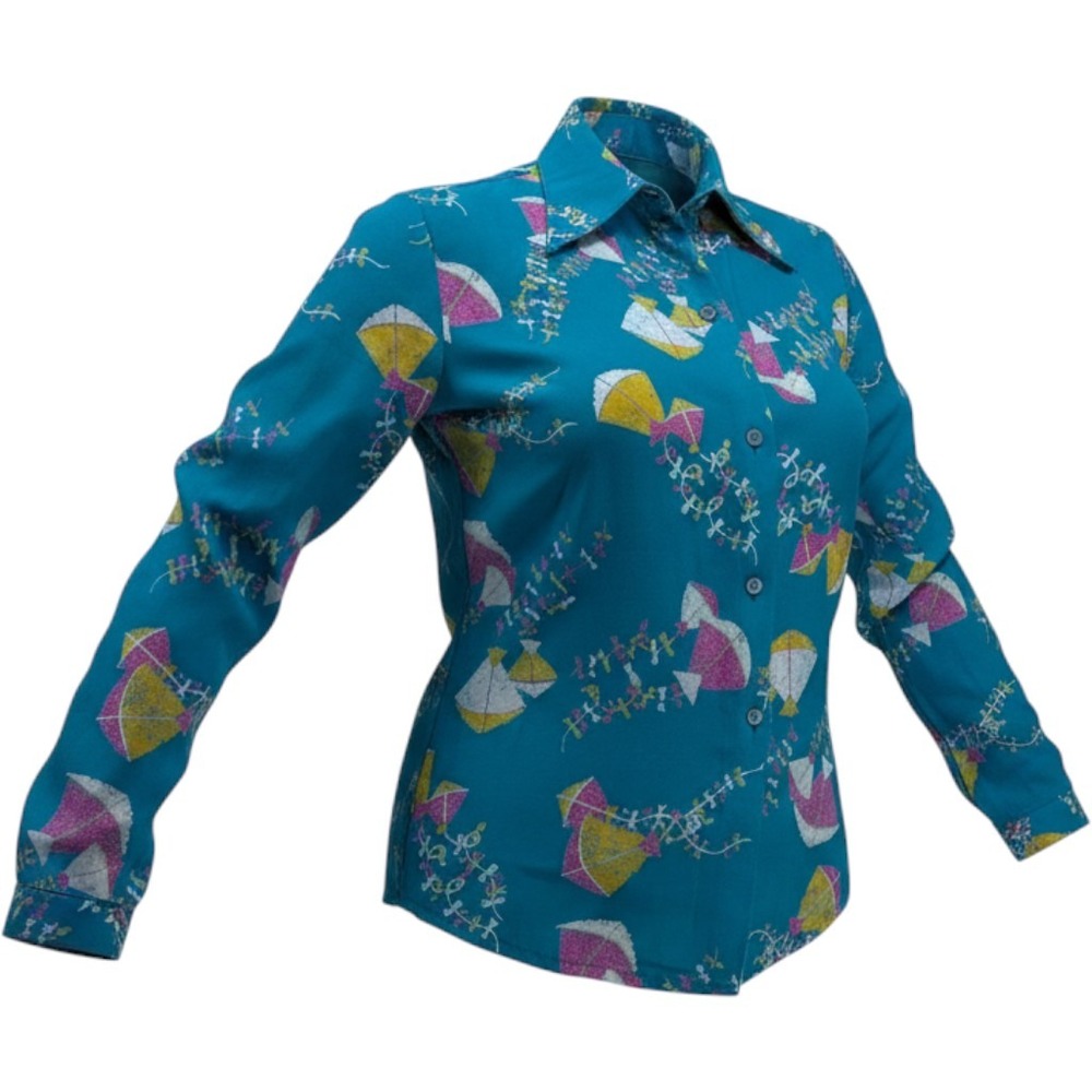 Lin Brand Vintage Teal Kite Print Button Up Blouse Long Sleeve Retro 70s Style